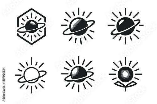 Alien Exploration Logos. Exploring the possibility of alien life in distant star systems. Icon set. Set Logo of alien life exploration: glowing exoplanet with
