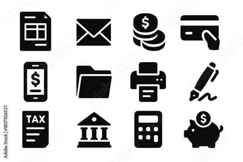 Financial Aid Icons. Financial and Administrative Help. Solid icon set of Financial and Administrative Help: budget sheet, envelope, coin stack, card payment,