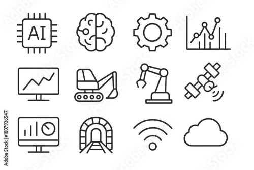 AI Mining Icons. AI in Mining. Line icon set of AI in Mining: AI chip, brain, gear, data lines, graph, excavator, robot arm, satellite, control screen, mine