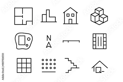 Architectural Icon Set. Architecture concept sketch. Line icon set of architecture concept sketch: floor plan, section, elevation, massing model, site plan,