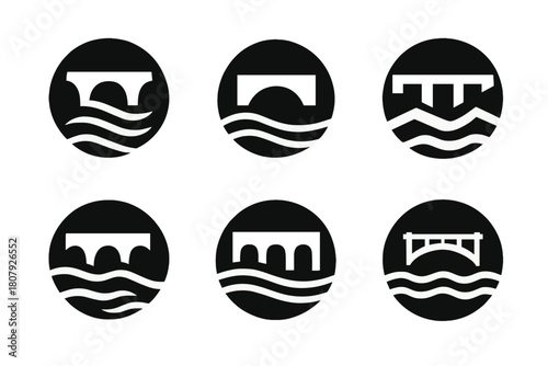 Flooded Valley Logos. Flooded valley. Icon set. Set Logo of flooded valley: house surrounded by rising water. harmonious logo variations of the same emblematic