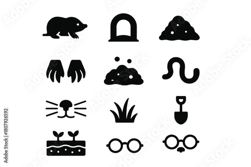 Underground Creature Icons. Underground Digger. Solid icon set of Underground Digger: mole, tunnel, dirt mound, digging paws, soil, worm, whiskers, nose,
