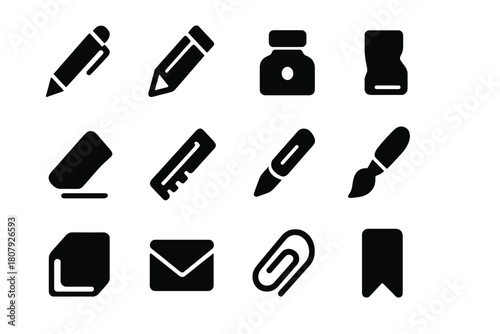 Writing Tools Icons. Writing Tools. Solid icon set of Writing Tools: pen, pencil, fountain pen nib, ink bottle, eraser, sharpener, ruler, brush, paper stack,