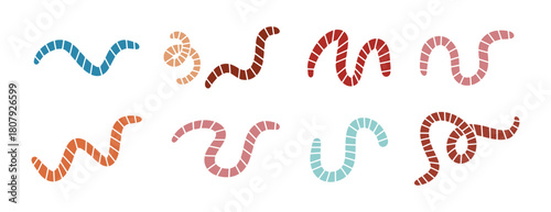 cartoon cute worm or earthworm set icons. Colorful worms with stripes collection 