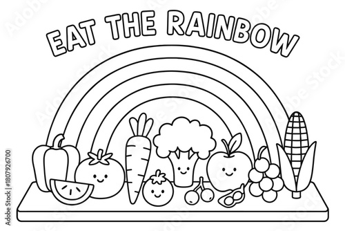 Rainbow Food Coloring. Eat the rainbow children?s coloring book illustration, outlined drawing, a curved rainbow above a table of simple fruits and veggies