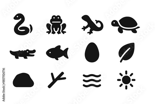 Cold-Blooded Icons. Cold-blooded animals. Solid icon set of cold-blooded animals: snake, frog, lizard, turtle, crocodile, fish, egg, leaf, rock, branch, wave,