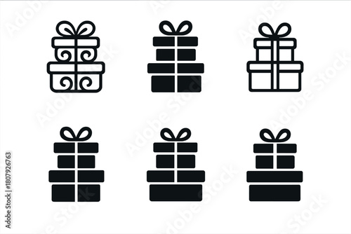 Stacked Presents Icons. Presents stacked up. Icon set. Set Logo of Presents stacked up: Confetti. harmonious logo variations of the same emblematic concept