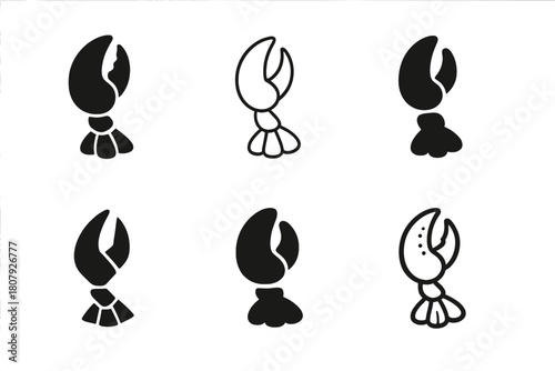 Lobster Icon Variations. Lobster. Icon set. Set Logo of Lobster: Lobster claw and tail emblem. harmonious logo variations of the same emblematic concept, each