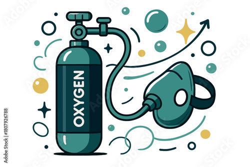 Floating Oxygen System. Oxygen. Oxygen tank and mask with abstract floating bubbles, lines, and sparkles; emphasizes safety, healthcare, and life-support