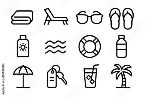 Poolside Essentials Icons. Pool towels. Line icon set of pool towels: folded towel, pool chair, sunglasses, flip-flops, sunscreen, wave icon, lifebuoy, water