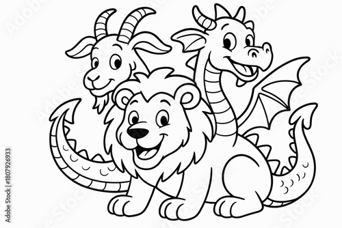 Friendly Chimera Coloring. Chimera children?s coloring book illustration, outlined drawing, a friendly mythical creature combining a lion, goat, and dragon