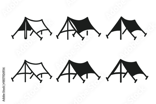 Camping Logo Variations. Group camping adventures. Icon set. Set Logo of group camping adventures: folded map with route line and numbered campsites.