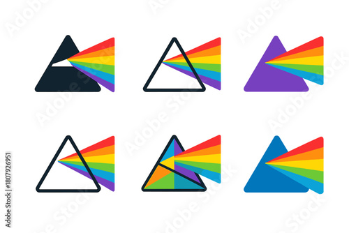 Colorful Icon Set. Vibrant colors. Icon set. Set Logo of vibrant colors: prism dispersing light spectrum. harmonious logo variations of the same emblematic