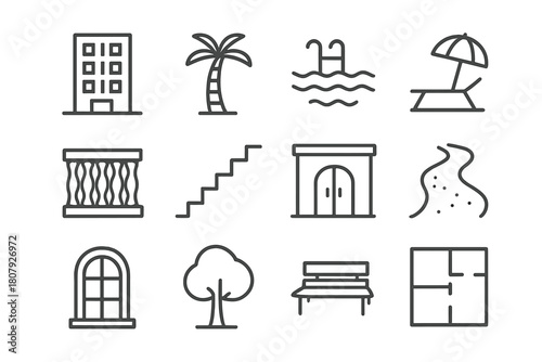 Resort Icon Set. Resort Architecture. Line icon set of Resort Architecture: hotel building, palm, pool, umbrella, balcony, stairs, entrance gate, pathway,