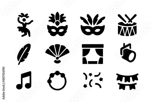 Carnival Icon Set. Carnival celebration. Solid icon set of Carnival celebration: dancer, costume, mask, drum, feather, fan, stage, spotlight, music note,