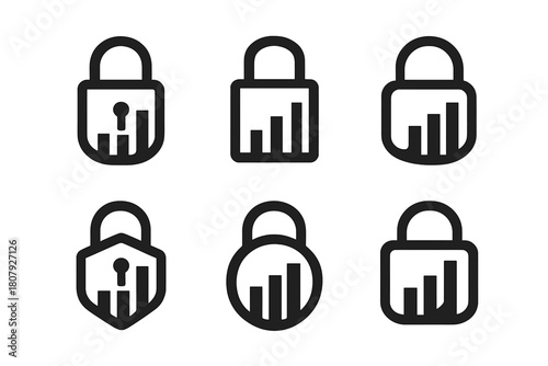 Secure Marketing Icons. Cybersecurity for Digital Marketing and Advertising Platforms. Set Logo of Lock with Graph: Minimal outline, Abstract geometric,