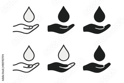 Water Droplet Icons. Gentle touch. Icon set. Set Logo of Water Droplet: Droplet falling softly. Abstract geometric, Filled silhouette, Flat solid, Minimal