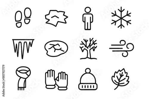 Winter Icon Set. Winter wonderland. Line icon set of winter wonderland: snowflake, snowman, tree, mountain, cloud, house, scarf, mitten, hat, star, boots,