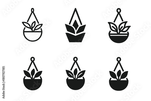 Desk Plant Icons. Small potted plants for desk decoration. Icon set. Set Logo of small potted plants for desk decoration: leafy plant in hanging pot.
