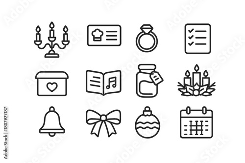 Family Tradition Icon Set. Family traditions and rituals. Line icon set of family traditions and rituals: candle holder, recipe card, heirloom ring, wish list,