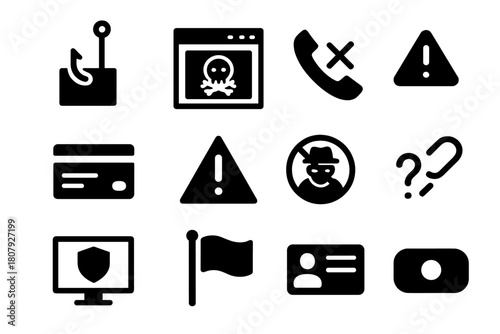 Online Scam Icons. Online scam prevention. Solid icon set of Online scam prevention: phishing hook, fake website, scam call, email alert, credit card icon,