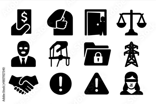 Corruption Icons Set. Corruption and power abuse. Solid icon set of Corruption and power abuse: money bribe, hidden hand, closed door meeting, broken scale,