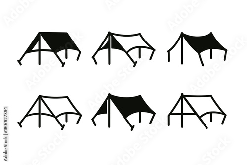 Camping Logo Variations. Group camping adventures. Icon set. Set Logo of group camping adventures: folded map with route line and numbered campsites.