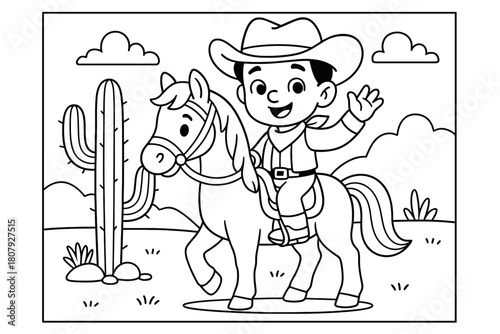 Cowboy Coloring Adventure. Wild West children?s coloring book illustration, outlined drawing, friendly cowboy on a horse waving near a cactus, educational