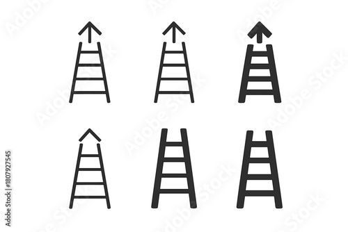 Ladder Icon Set. Self-motivation. Icon set. Set Logo of Ladder: Climbing higher. Abstract geometric, Stylized detail, Minimal outline, Filled silhouette,