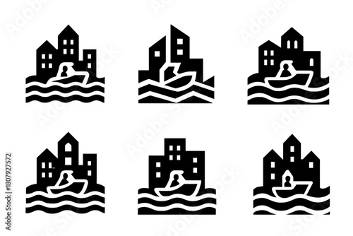 Flooded City Icons. Flooded cities. Icon set. Set Logo of Flooded Cities: skyline partially submerged in water waves. harmonious logo variations of the same