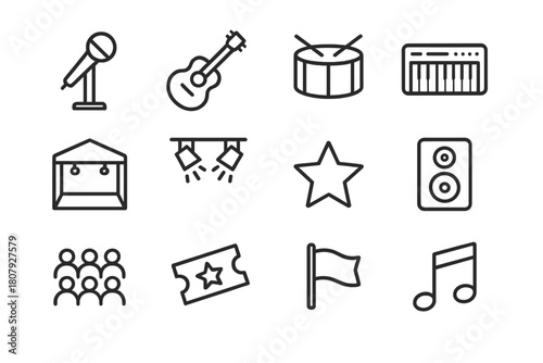 Band Icon Set. Band Performance. Line icon set of Band Performance: microphone, guitar, drum, keyboard, stage, lights, star, speaker, crowd, ticket, flag,