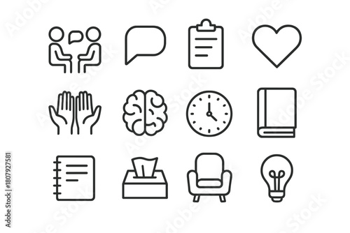 Counseling Icon Set. Counseling. Line icon set of counseling: two people talking, speech bubble, clipboard, heart, hands, brain, clock, book, notebook, tissue