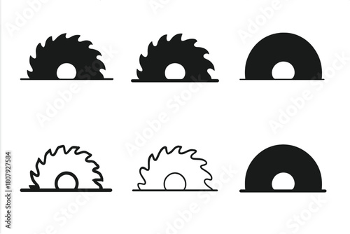 Power Saw Logos. Power saw blade. Icon set. Set Logo of Power Saw Blade: blade combined with electric motor symbol. harmonious logo variations of the same