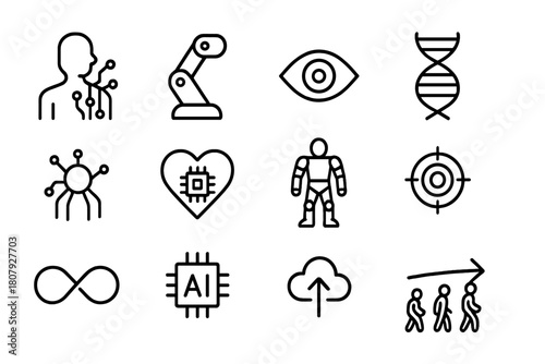 Transhumanism Icon Set. Transhumanism. Line icon set of transhumanism: human figure with circuits, robotic arm, bionic eye, DNA helix, nanobot, heart chip,