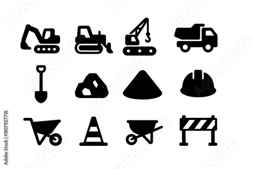 Heavy Equipment Icons. Heavy equipment. Solid icon set of heavy equipment: excavator, bulldozer, crane, dump truck, truck, shovel, rock, soil pile, helmet,