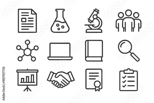 Joint Research Icons. Joint research projects. Line icon set of Joint research projects: research paper, laboratory flask, microscope, group of people, network