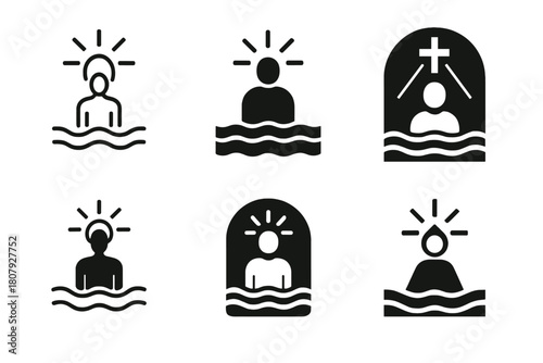 Baptism Icon Variations. The significance of baptism in Christian faith. Icon set. Set Logo of baptism: water droplet enclosing a cross. harmonious logo