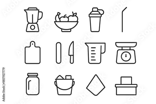 Smoothie Bar Icons. Smoothie bar essentials. Line icon set of smoothie bar essentials: blender, fruit bowl, shaker bottle, straw, cutting board, knife,