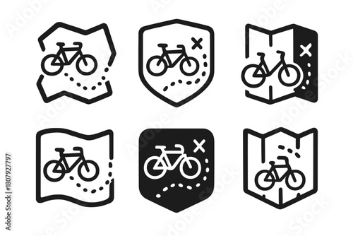 Bicycle Treasure Hunt Logos. bicycle treasure hunts. Icon set. Set Logo of bicycle treasure hunts: adventure map with cycling route. harmonious logo variations