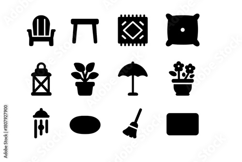 Cozy Porch Icons. Cozy porch. Solid icon set of Cozy porch: chair, table, outdoor rug, cushion, lantern, potted plant, umbrella, flower pot, wind chime,