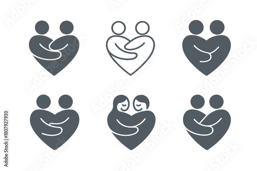 Warm Hug Logos. Warm hug. Icon set. Set Logo of Warm Hug: stylized heart formed by intertwined arms. harmonious logo variations of the same emblematic concept,