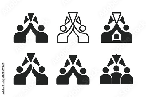 Harmonious Cheers Icons. Group cheers. Icon set. Set Logo of group cheers: crowd silhouettes. harmonious logo variations of the same emblematic concept, each