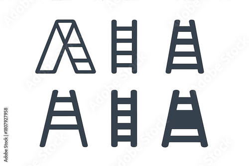Ladder Icon Set. Self-motivation. Icon set. Set Logo of Ladder: Climbing higher. Abstract geometric, Stylized detail, Minimal outline, Filled silhouette,