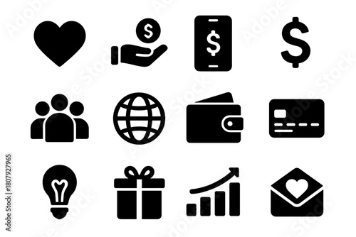 Online Donation Icons. Online donation. Solid icon set of online donation: heart, hand with coin, phone, dollar sign, people group, globe, wallet, credit card,
