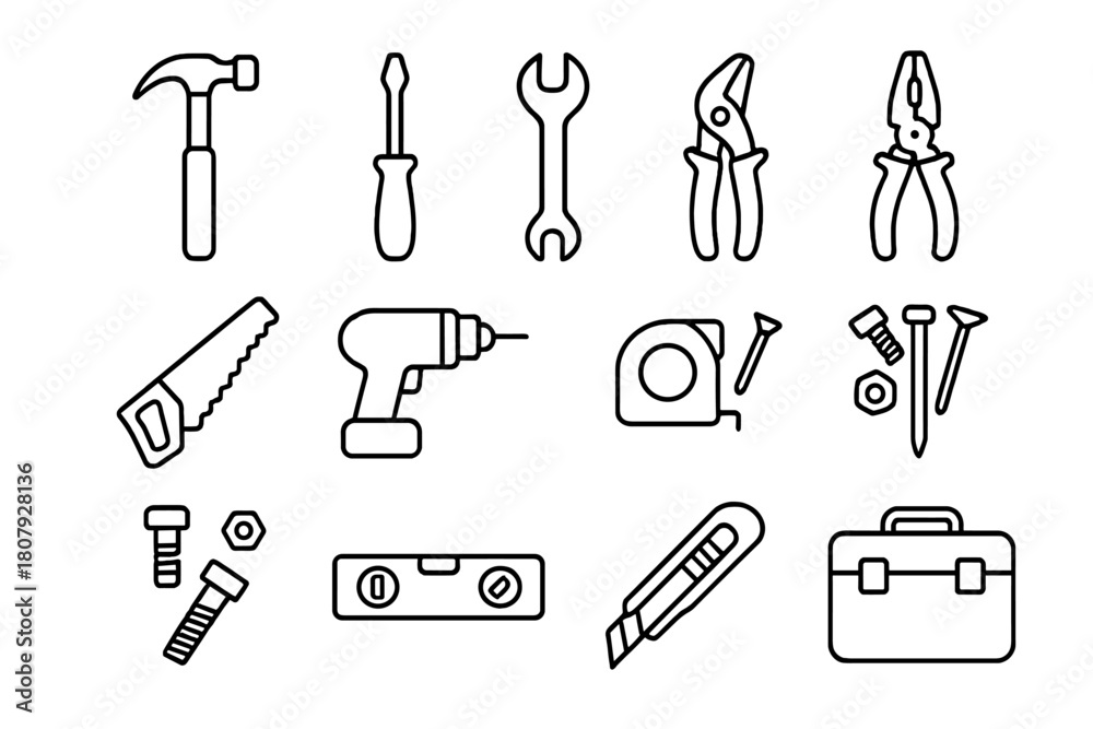 Obraz premium Home Repair Icons. Home repair tools. Line icon set of Home repair tools: hammer, screwdriver, wrench, pliers, saw, drill, tape measure, nails, bolts, level,