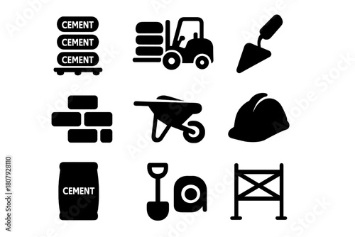 Cement Construction Icons. Cement Bags Stacked. Solid icon set of Cement Bags Stacked: cement bag, pallet, forklift, trowel, bricks, wheelbarrow, construction
