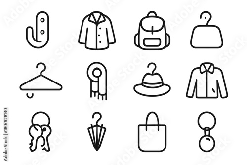 Coat Hook Icons. Coat and bag hooks. Line icon set of Coat and bag hooks: wall hook, coat, backpack, handbag, hanger, scarf, hat, jacket, keys, umbrella, tote
