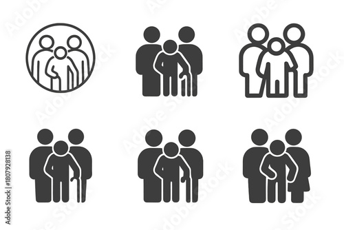 Elderly Care Logos. elderly care within the family unit. Icon set. Set Logo of elderly care within the family unit: hands holding heart with elder icon.