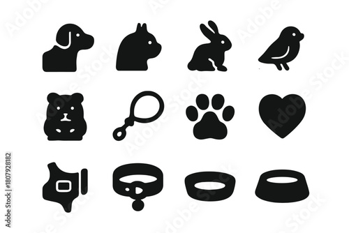 Companion Animals Icons. Companion Animals. Solid icon set of Companion Animals: dog, cat, rabbit, bird, hamster, leash, paw print, heart symbol, therapy vest,