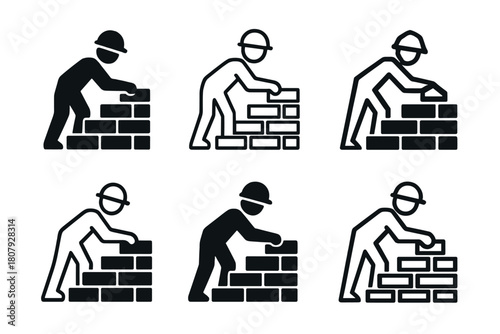 Bricklayer Logo Variations. Bricklayers constructing buildings. Icon set. Set Logo of Bricklayers constructing buildings: Crane lifting bricks. harmonious logo